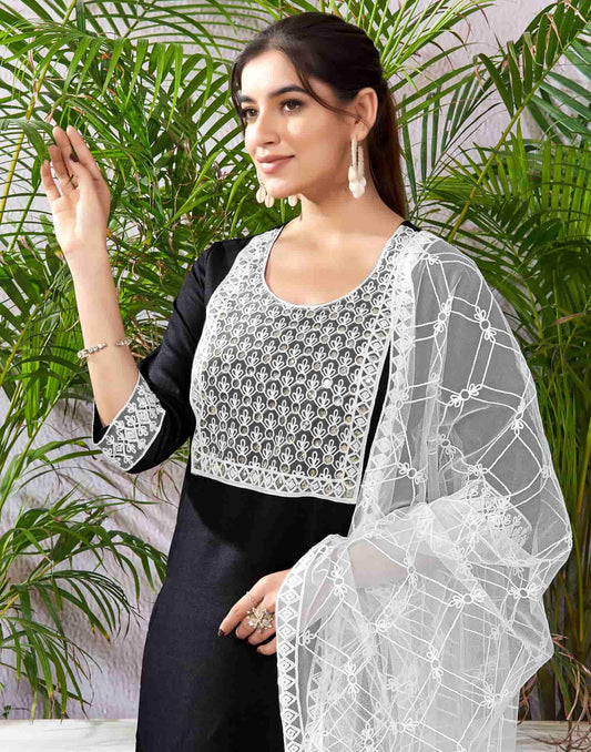 Cotton Blend Embroidered Straight Kurta with Pant & Dupatta