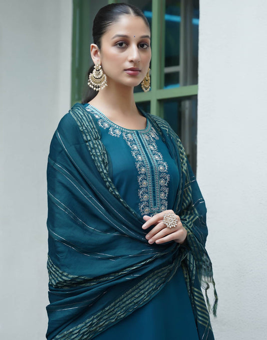 Cotton Blend Embroidered Straight Kurta with Pant & Dupatta