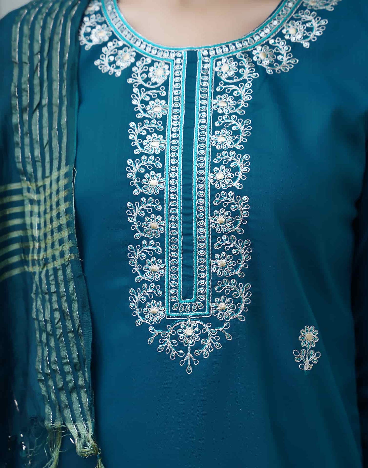 Cotton Blend Embroidered Straight Kurta with Pant & Dupatta