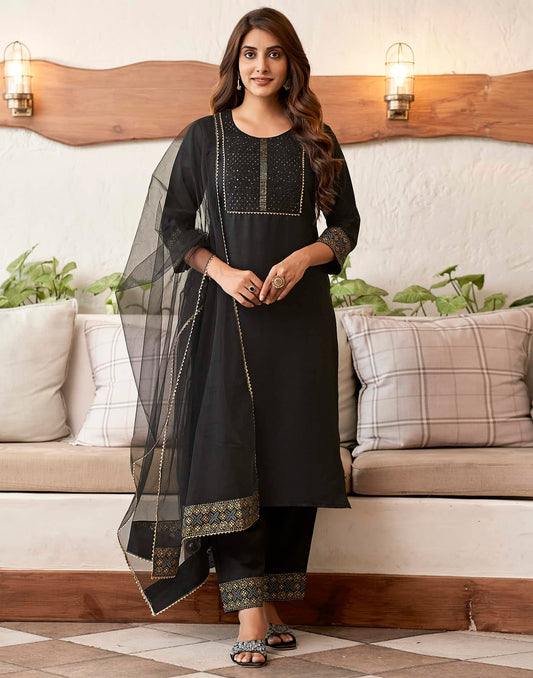 Cotton Blend Sequence Embroidery, Foil Print and Gota Lace Straight Kurta with Pant & Dupatta