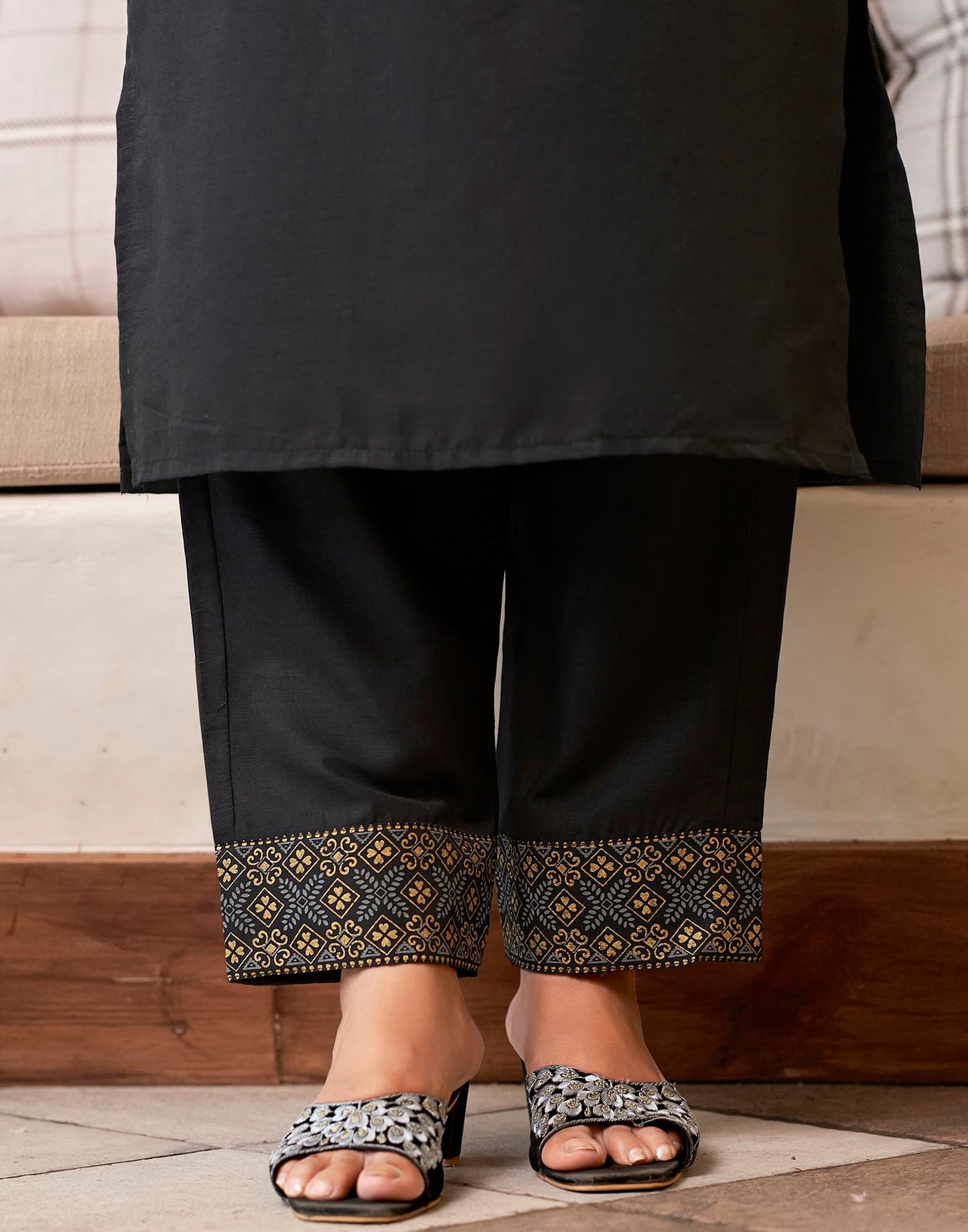 Cotton Blend Sequence Embroidery, Foil Print and Gota Lace Straight Kurta with Pant & Dupatta