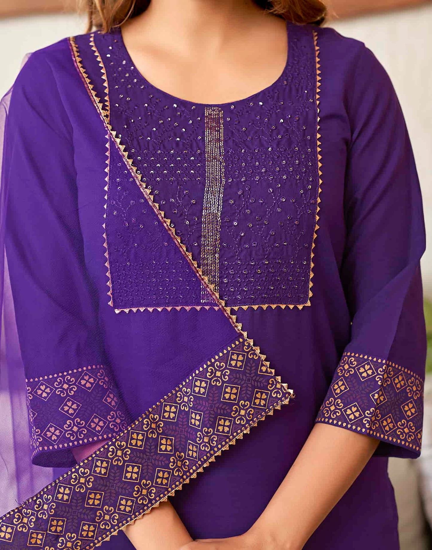 Cotton Blend Sequence Embroidery, Foil Print and Gota Lace Straight Kurta with Pant & Dupatta