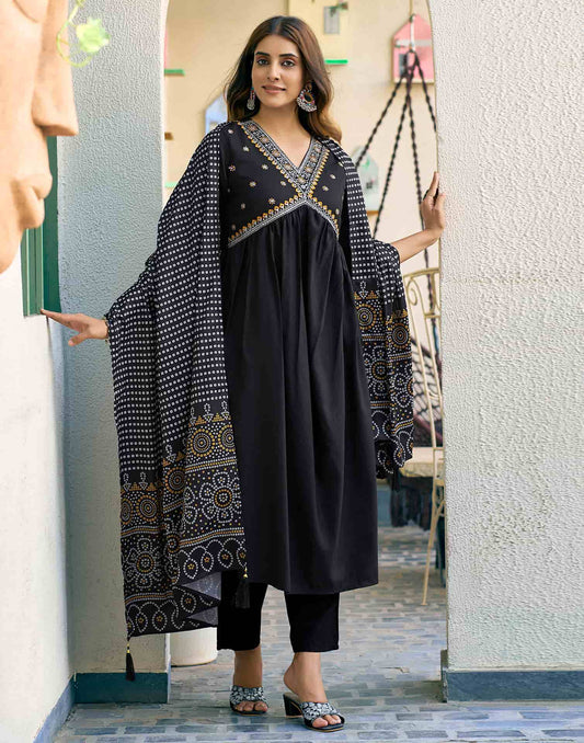 Cotton Blend Embroidered A-Line Kurta with Pant & Dupatta