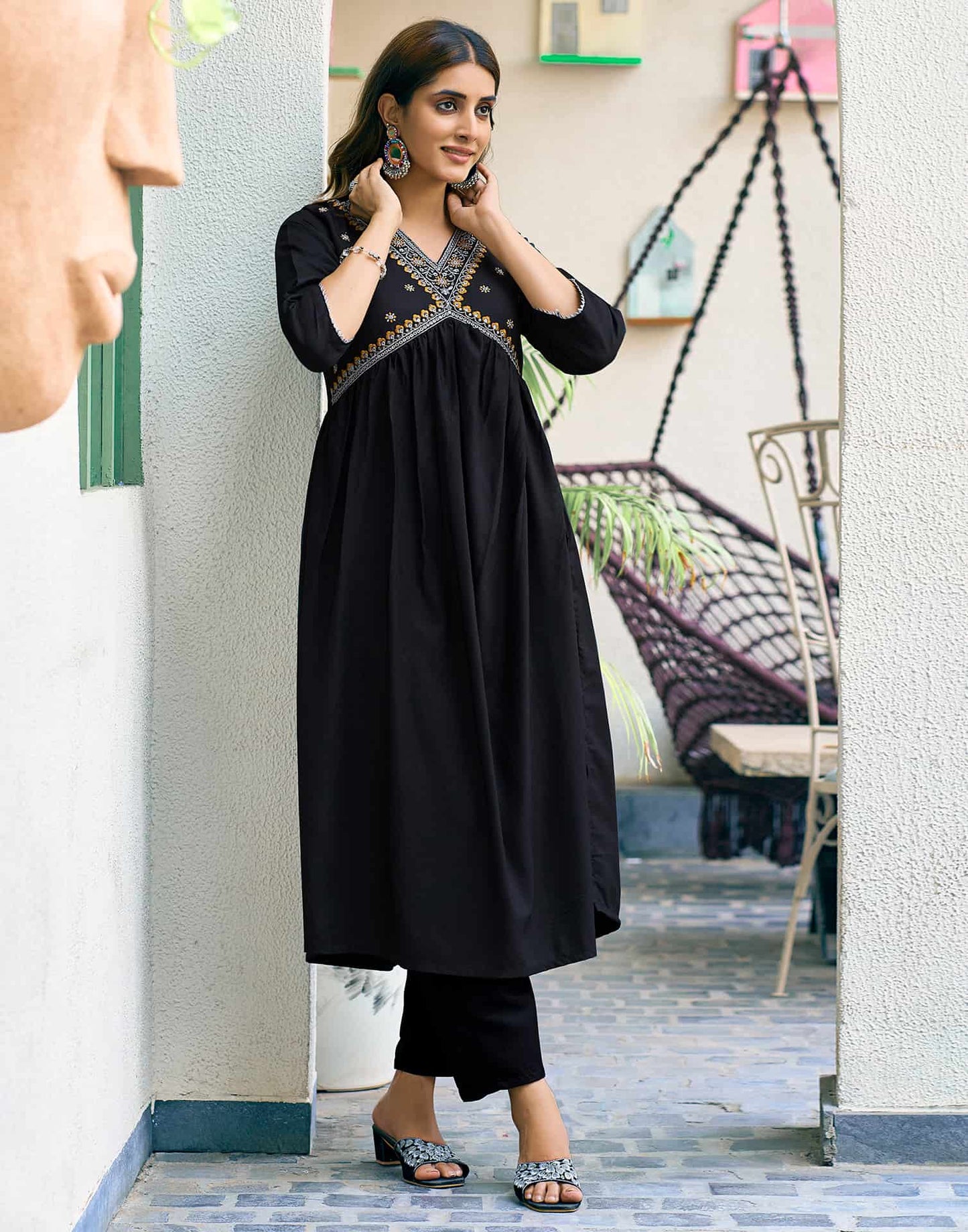 Cotton Blend Embroidered A-Line Kurta with Pant & Dupatta