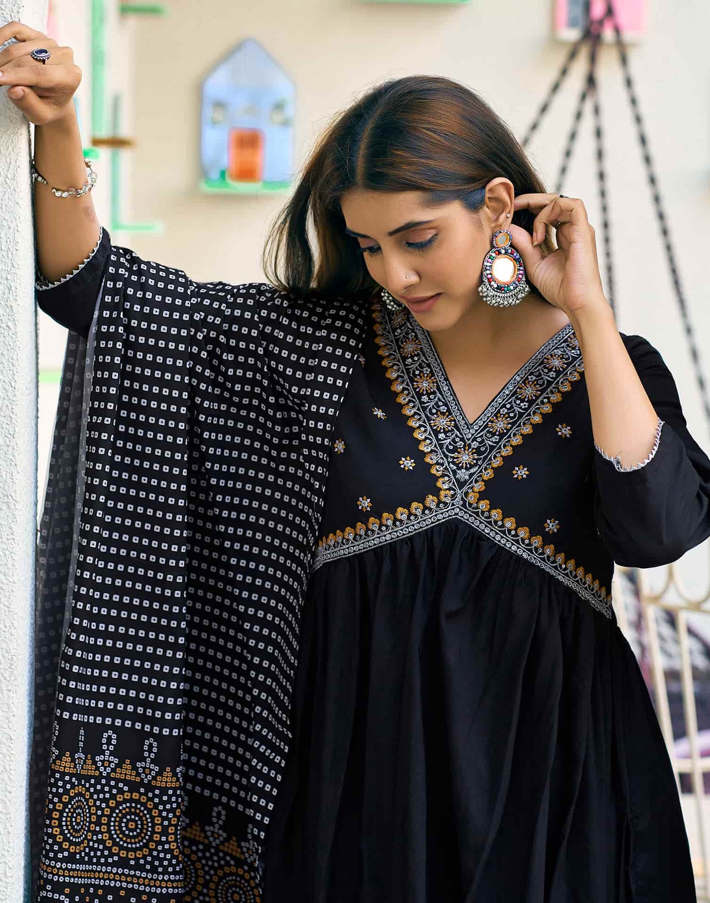 Cotton Blend Embroidered A-Line Kurta with Pant & Dupatta