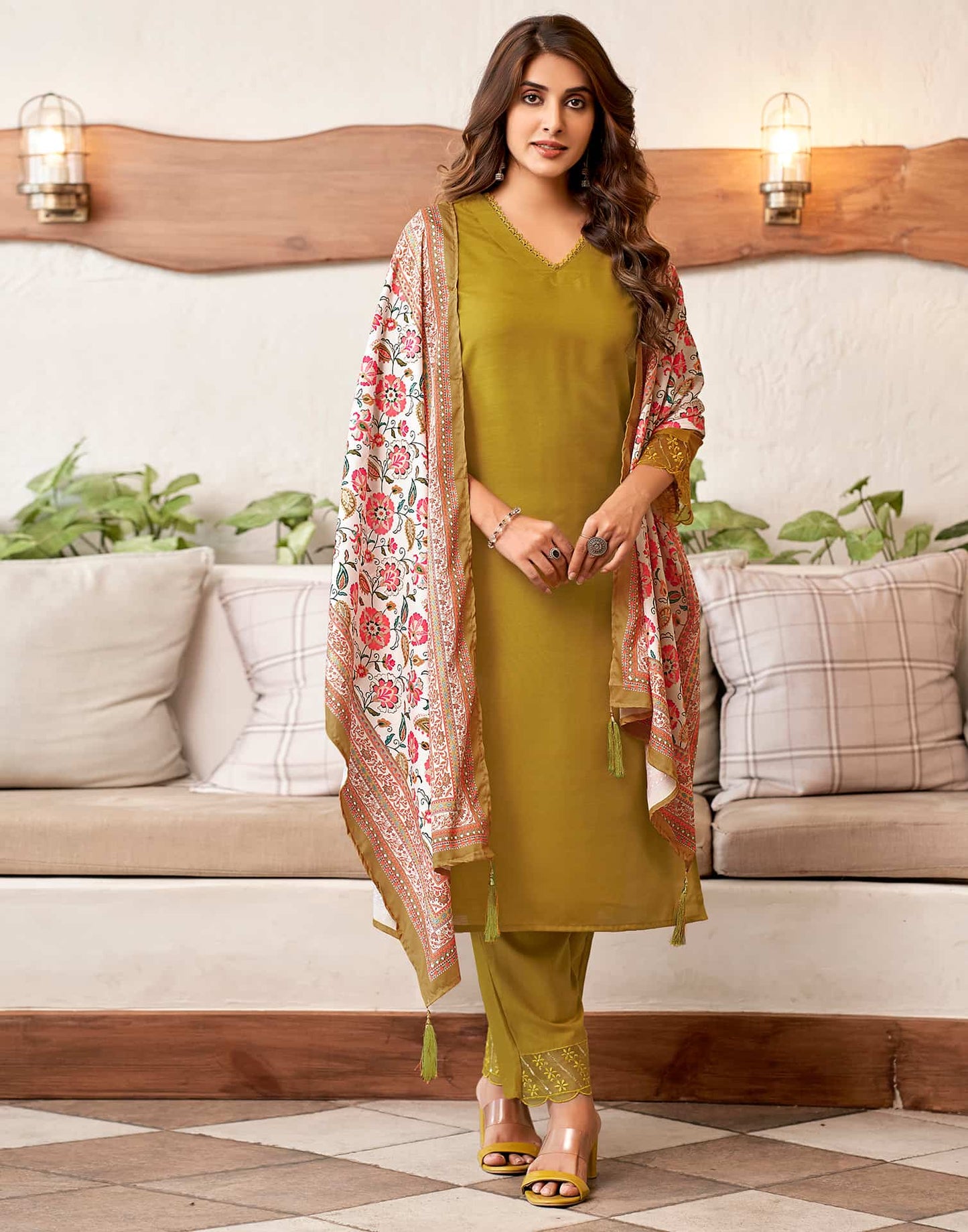 Cotton Blend Sequence Embroidery and Lace Straight Kurta with Pant & Dupatta