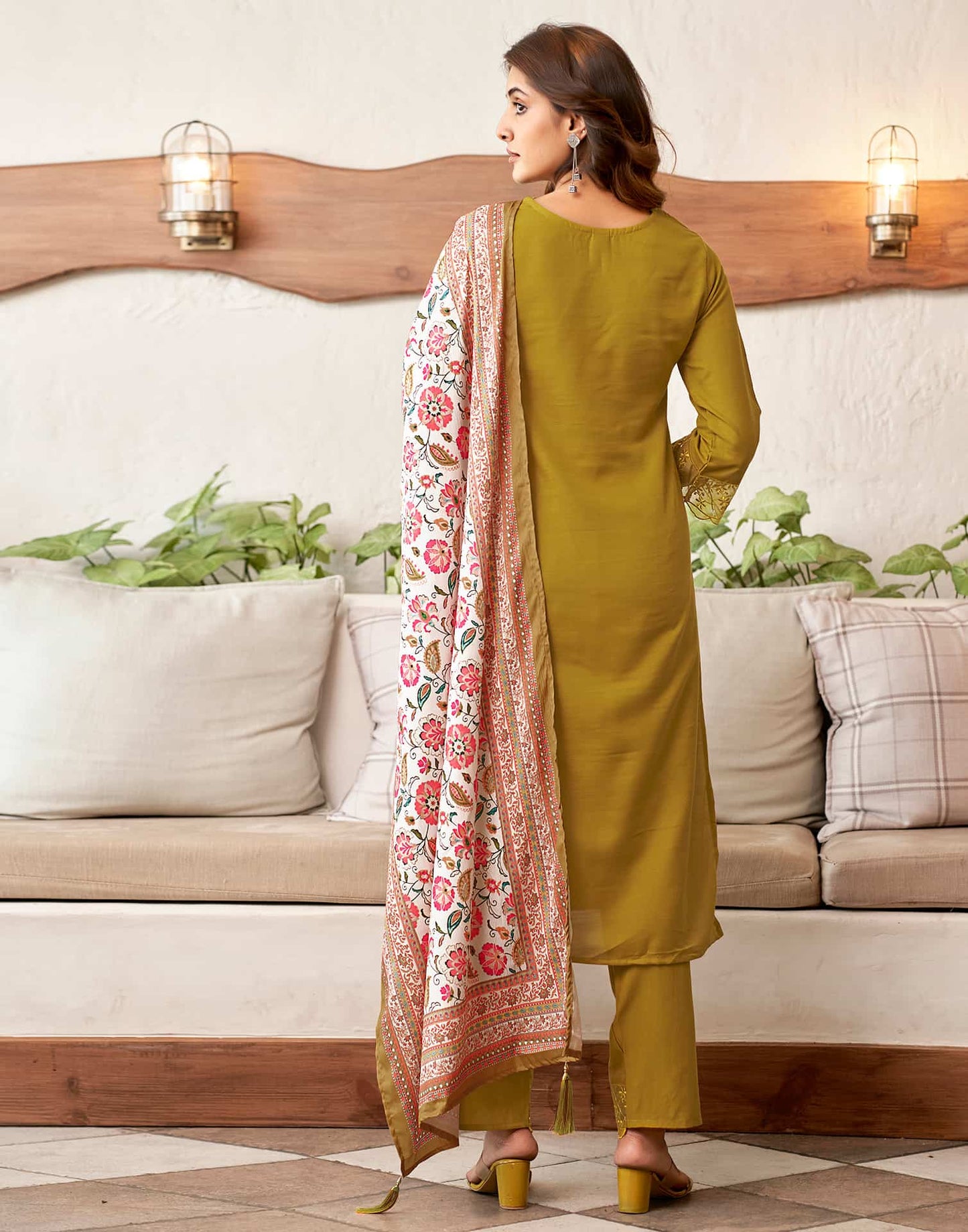 Cotton Blend Sequence Embroidery and Lace Straight Kurta with Pant & Dupatta