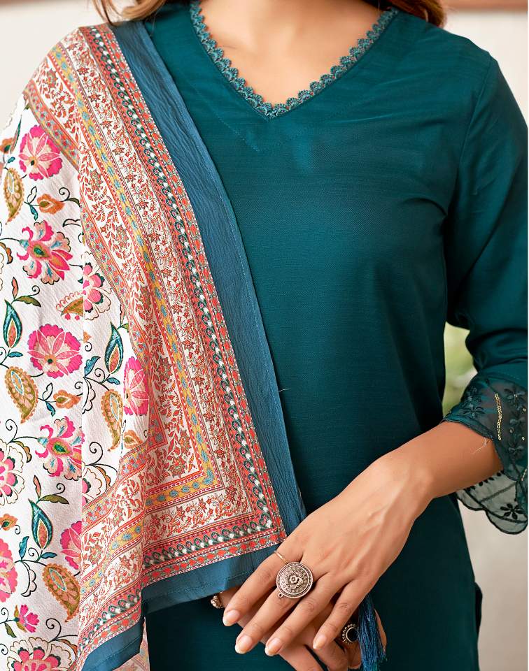 Rama Blue Silk Plain V Neck 3/4 Sleeve Straight Kurta Set With Pant & Dupatta