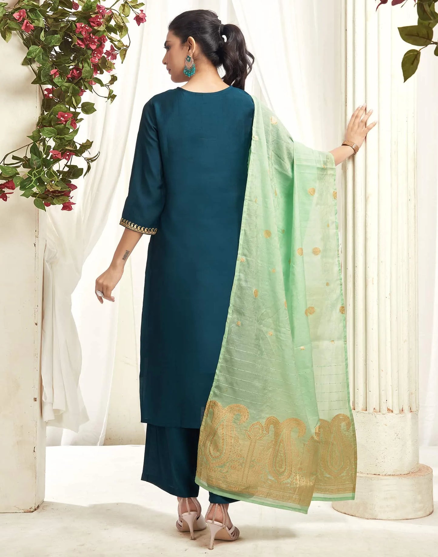 Silk Blend Embroidered Straight Kurta with Pant & Dupatta