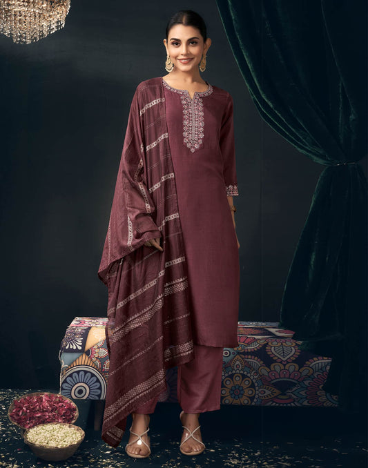Silk Blend Embroidered Straight Kurta with Pant & Dupatta