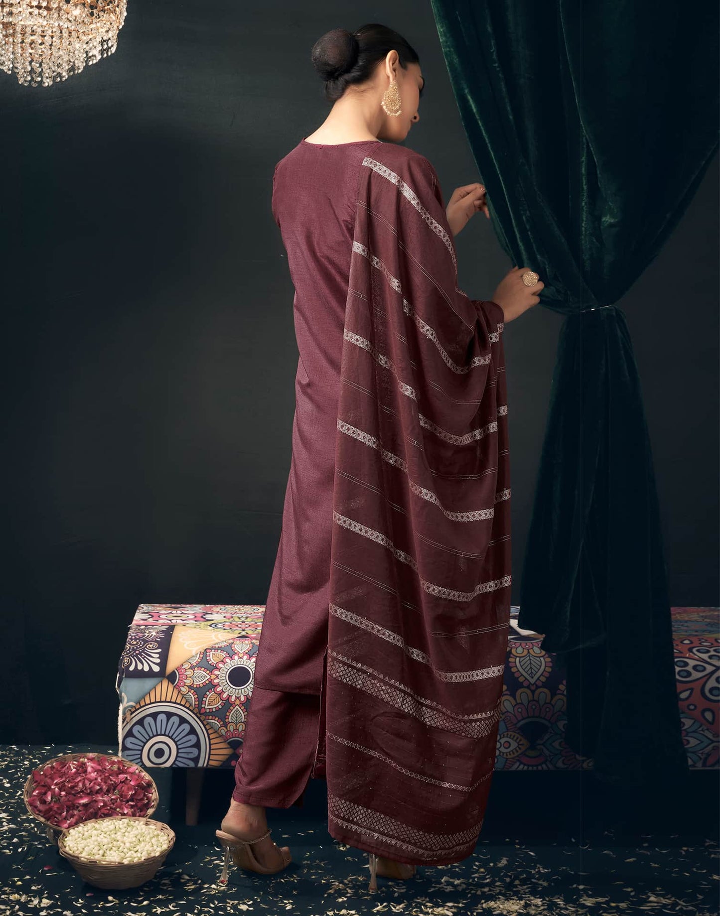 Silk Blend Embroidered Straight Kurta with Pant & Dupatta