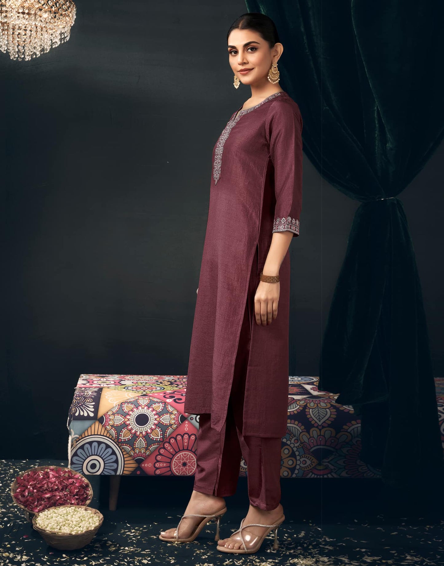 Silk Blend Embroidered Straight Kurta with Pant & Dupatta