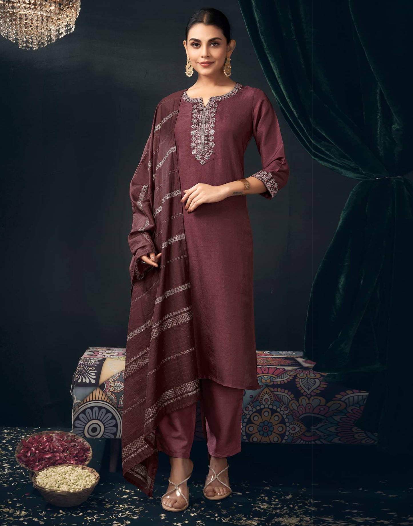 Silk Blend Embroidered Straight Kurta with Pant & Dupatta