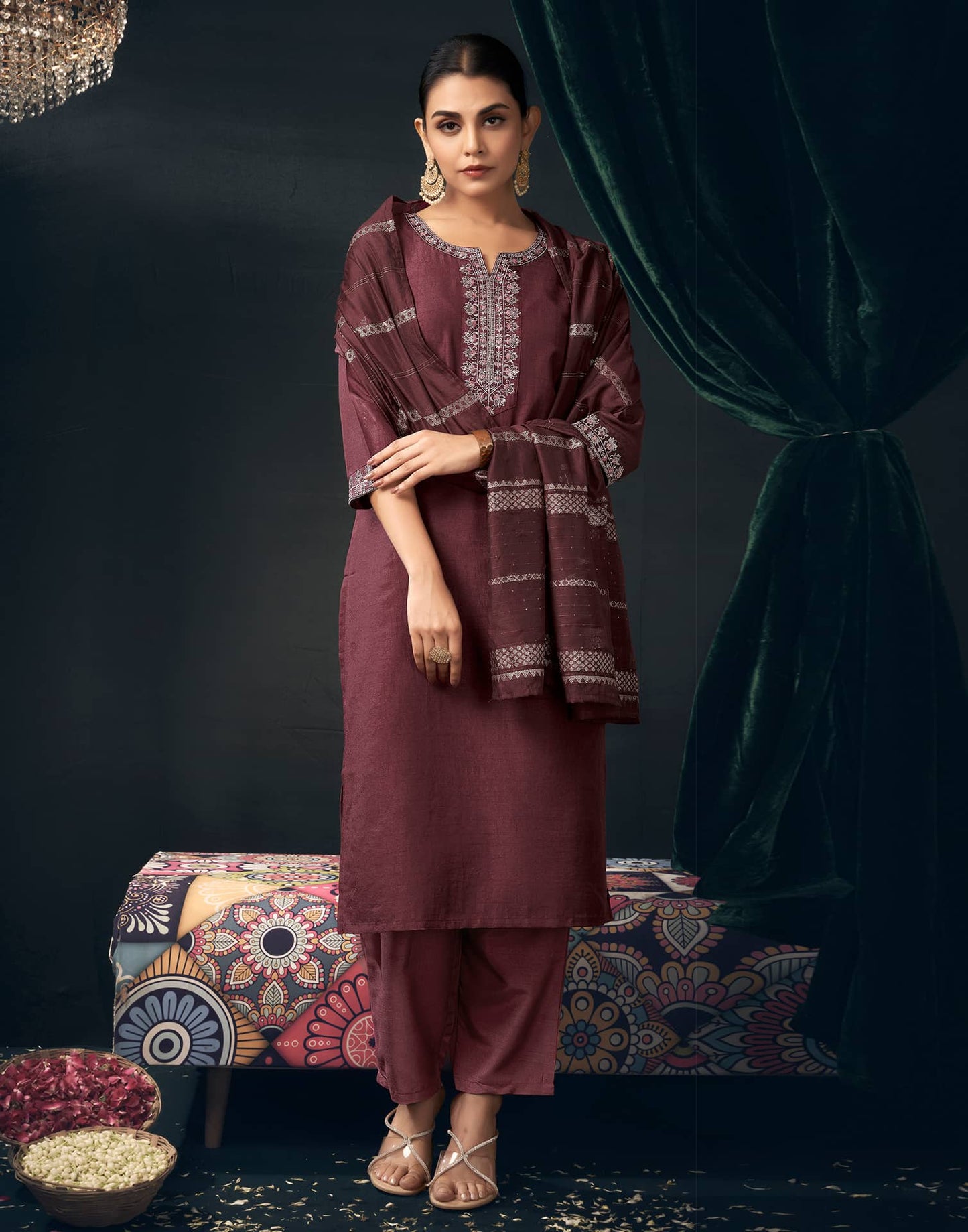 Silk Blend Embroidered Straight Kurta with Pant & Dupatta
