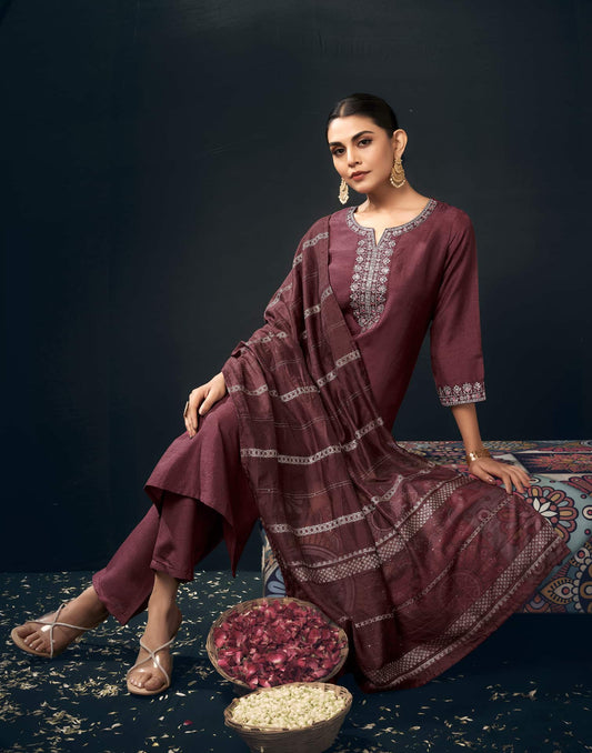 Silk Blend Embroidered Straight Kurta with Pant & Dupatta