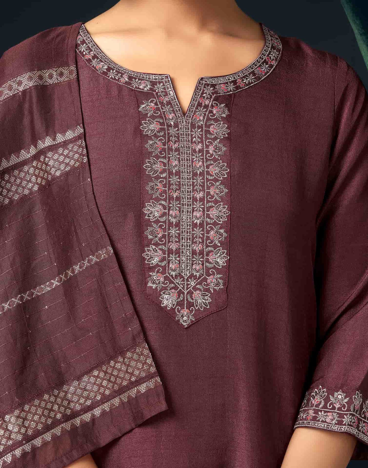 Silk Blend Embroidered Straight Kurta with Pant & Dupatta