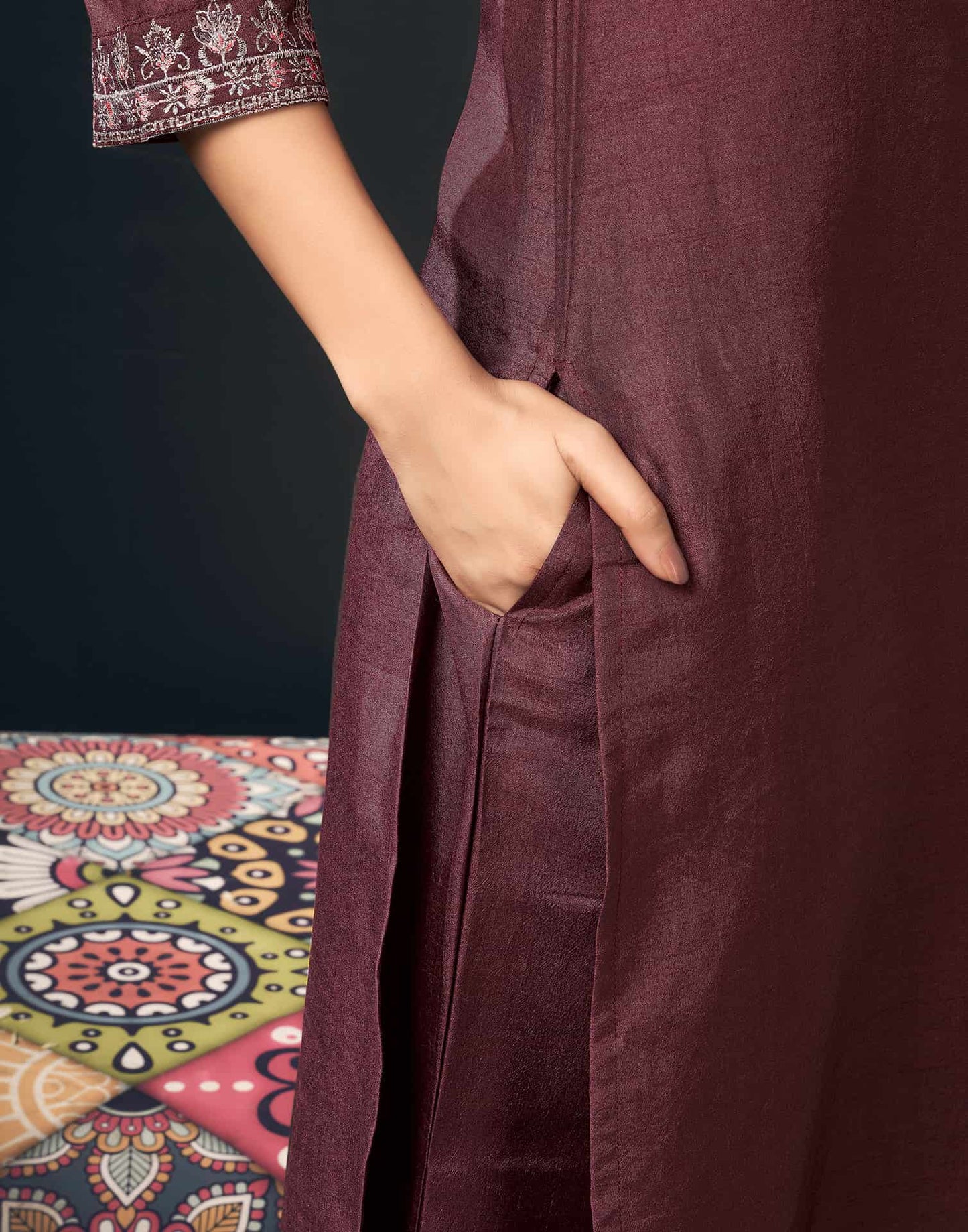 Silk Blend Embroidered Straight Kurta with Pant & Dupatta