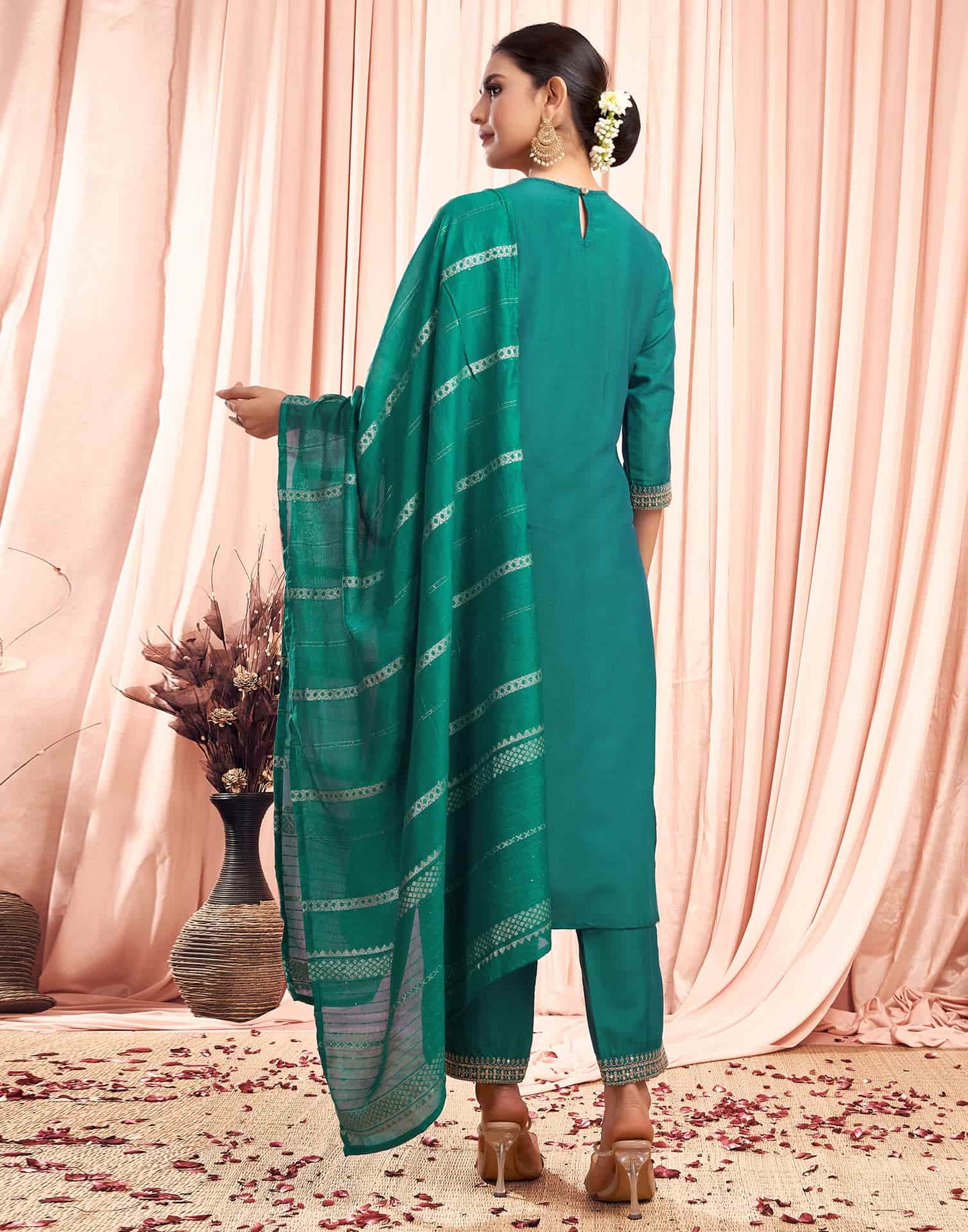 Silk Blend Embroidered Straight Kurta with Pant & Dupatta