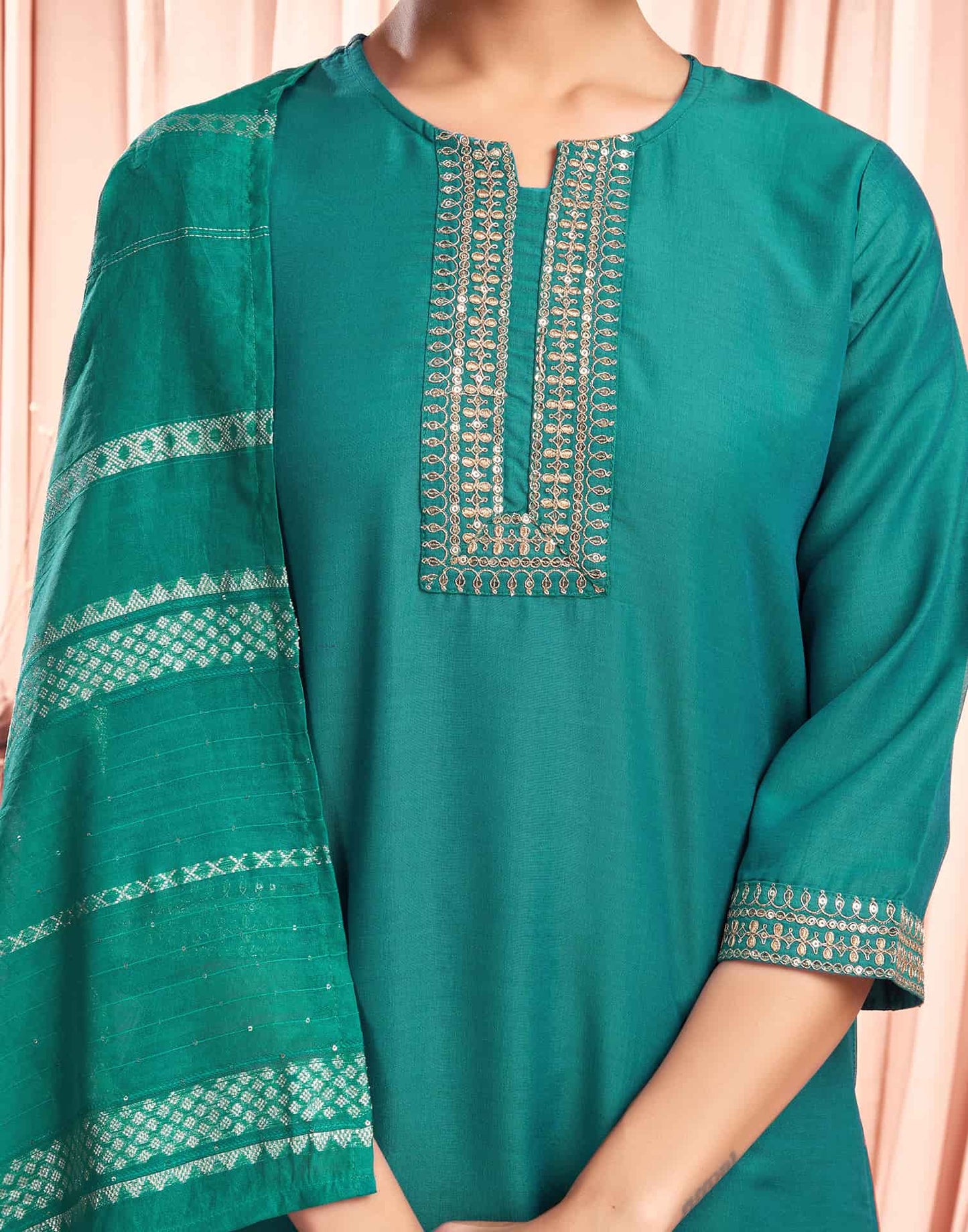 Silk Blend Embroidered Straight Kurta with Pant & Dupatta