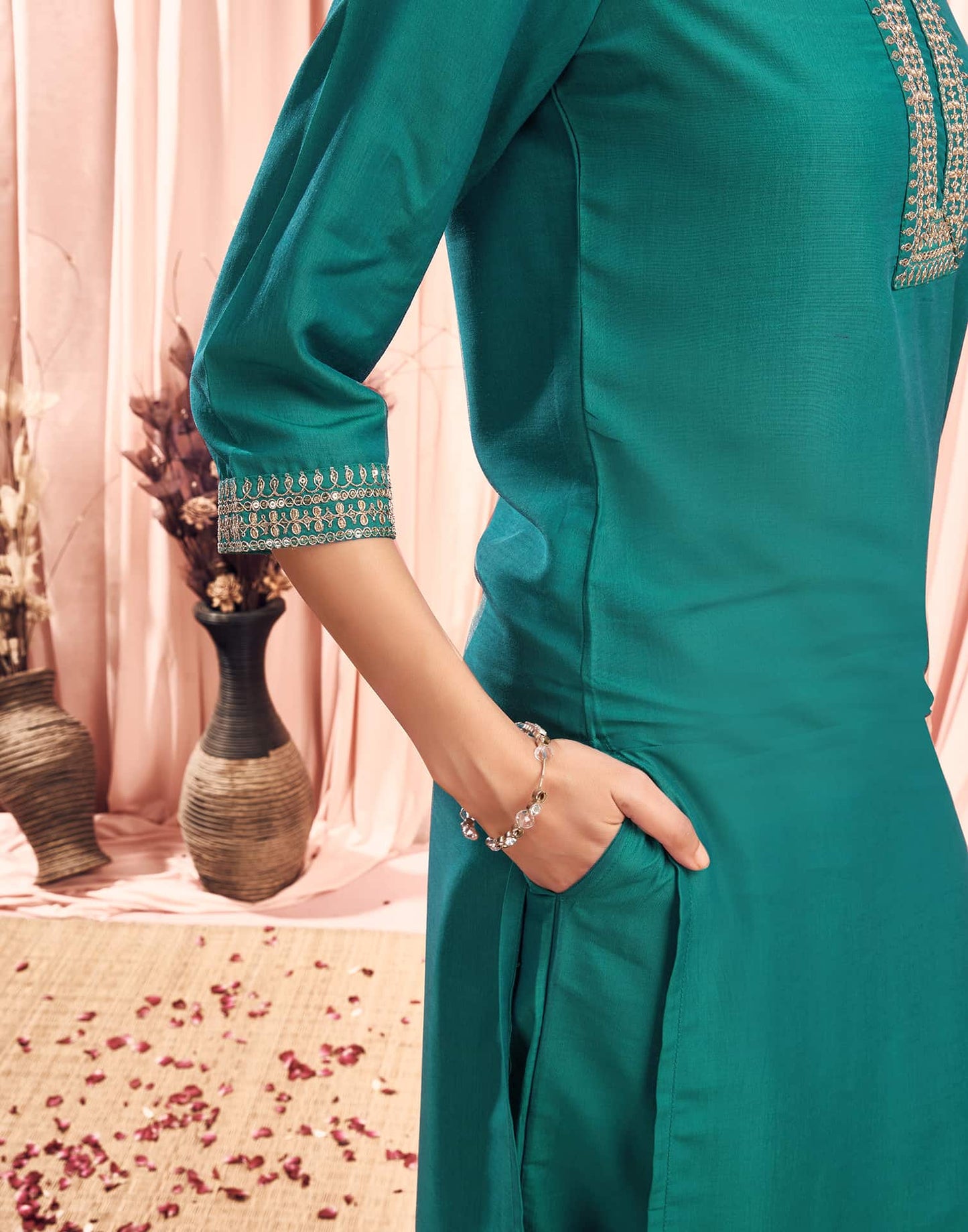 Silk Blend Embroidered Straight Kurta with Pant & Dupatta