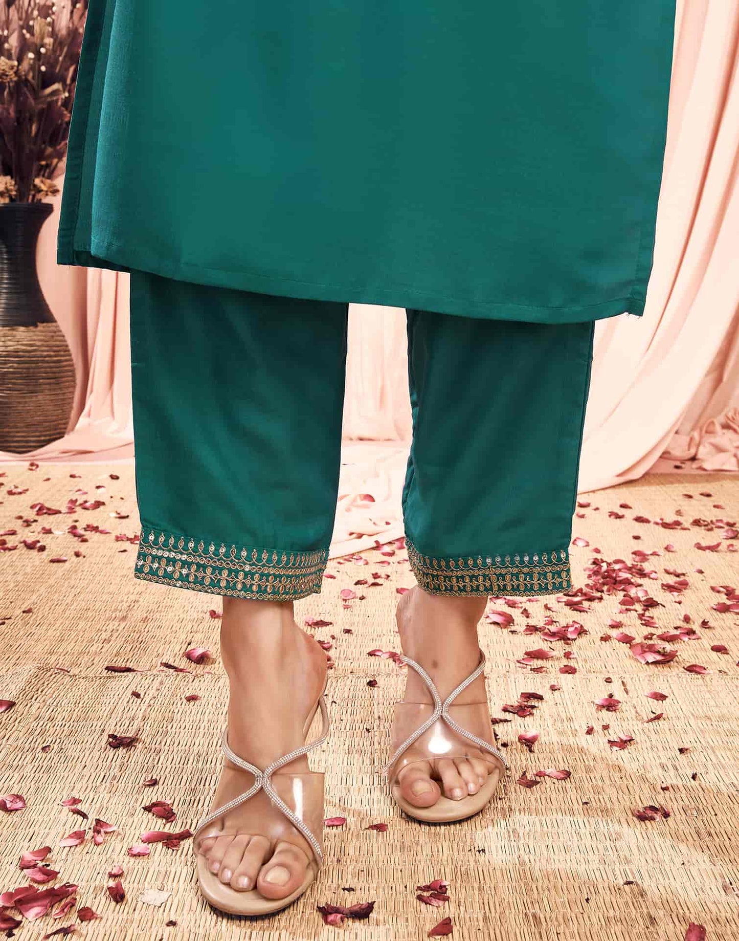 Silk Blend Embroidered Straight Kurta with Pant & Dupatta
