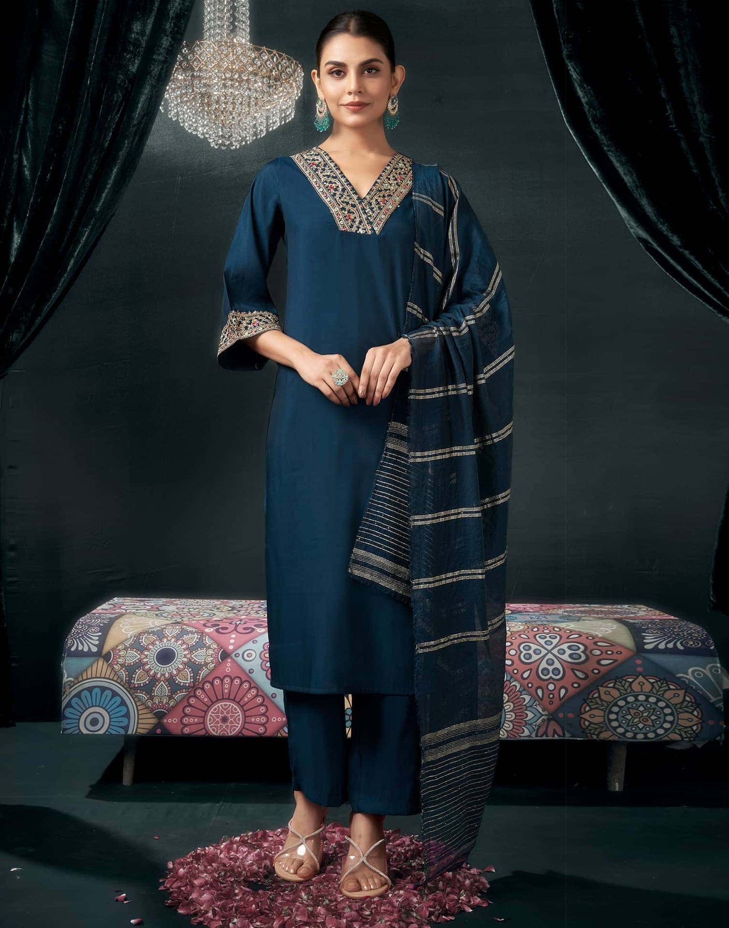 Rayon Blend Embroidered Straight Kurta with Pant & Dupatta