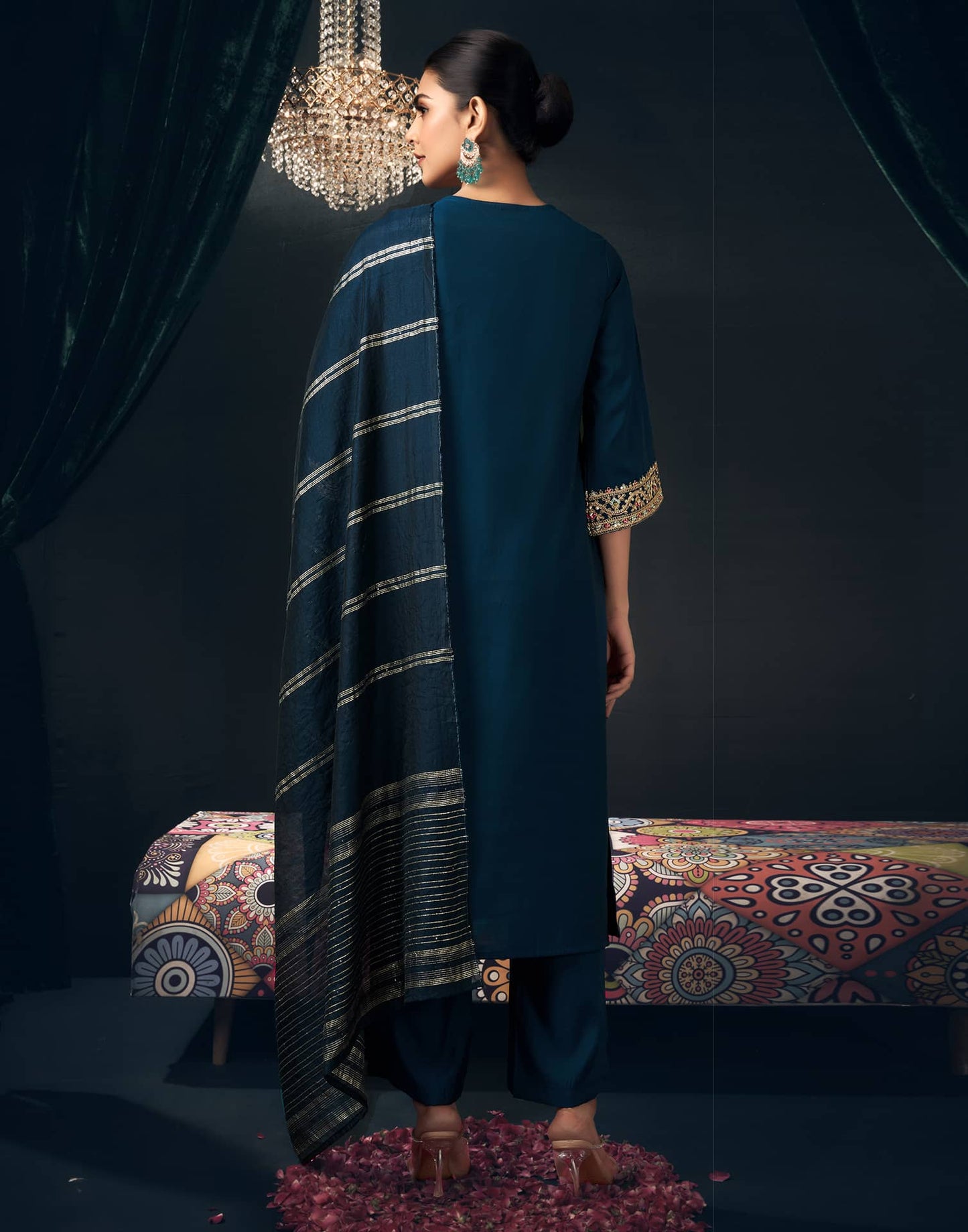 Affordable Rama Blue Chanderi Embroidered Festive Kurta Set