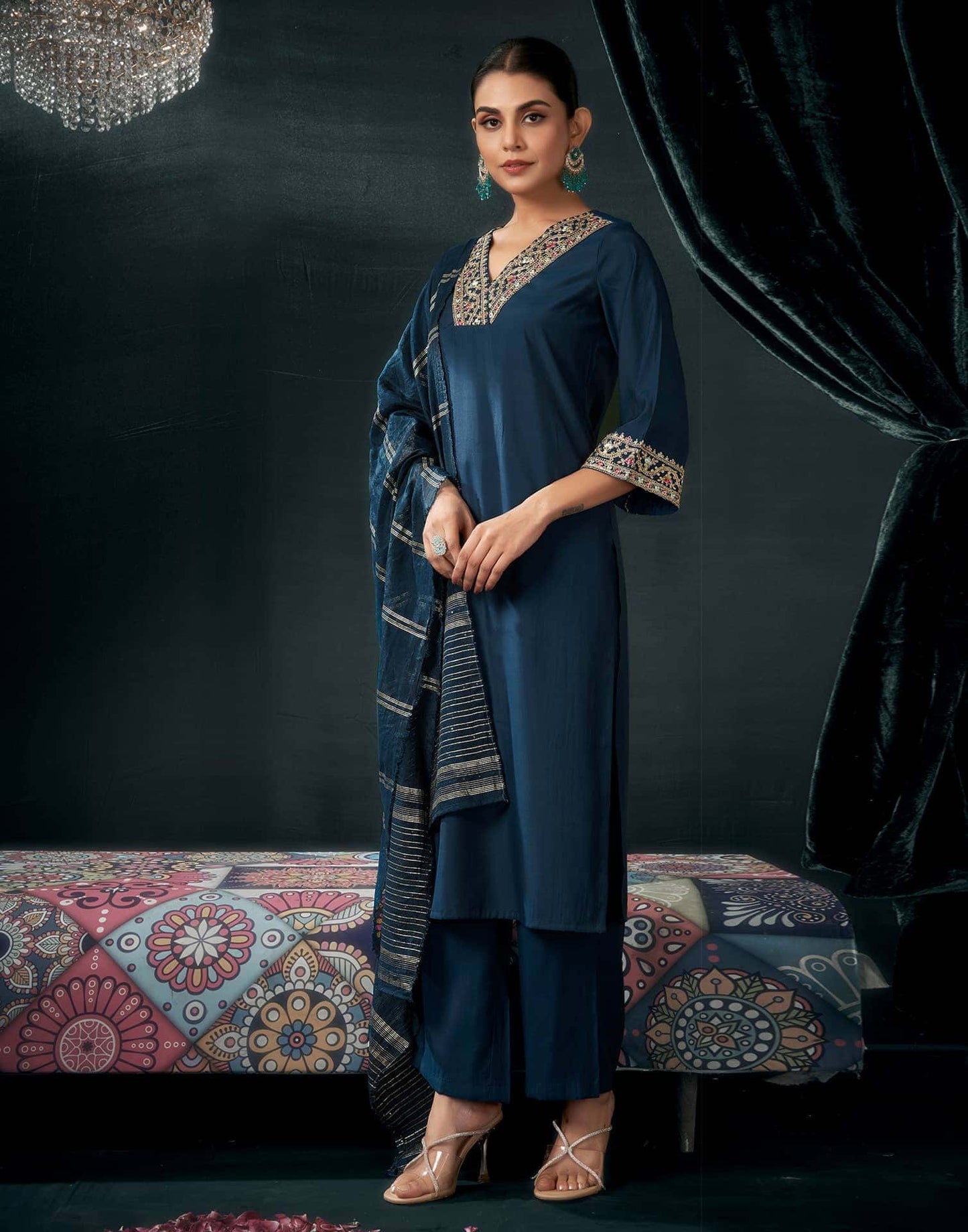 Rayon Blend Embroidered Straight Kurta with Pant & Dupatta