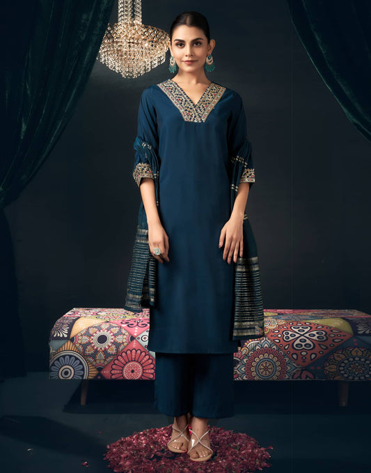 Affordable Rama Blue Chanderi Embroidered Festive Kurta Set