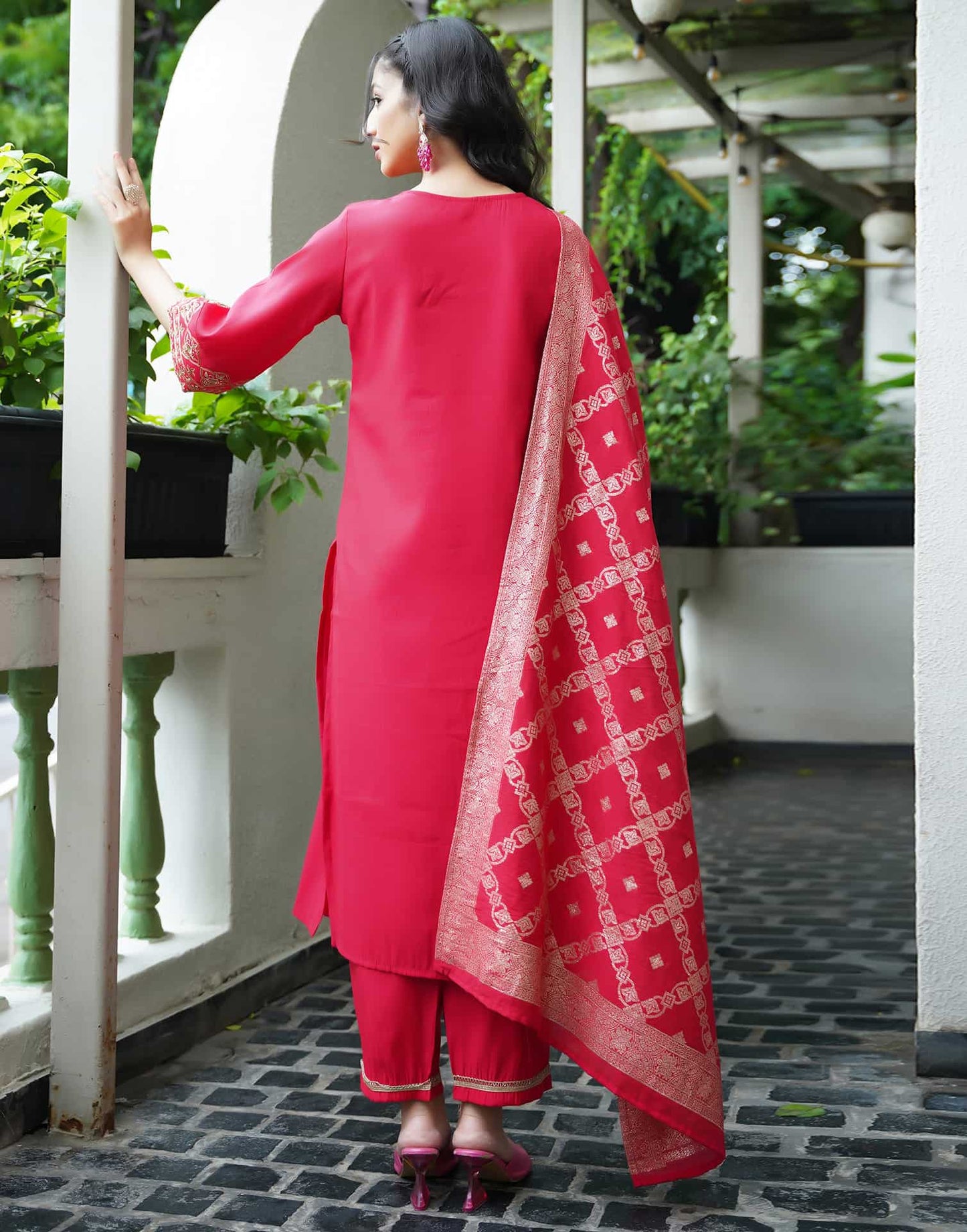 Silk Blend Embroidered Straight Kurta with Pant & Dupatta