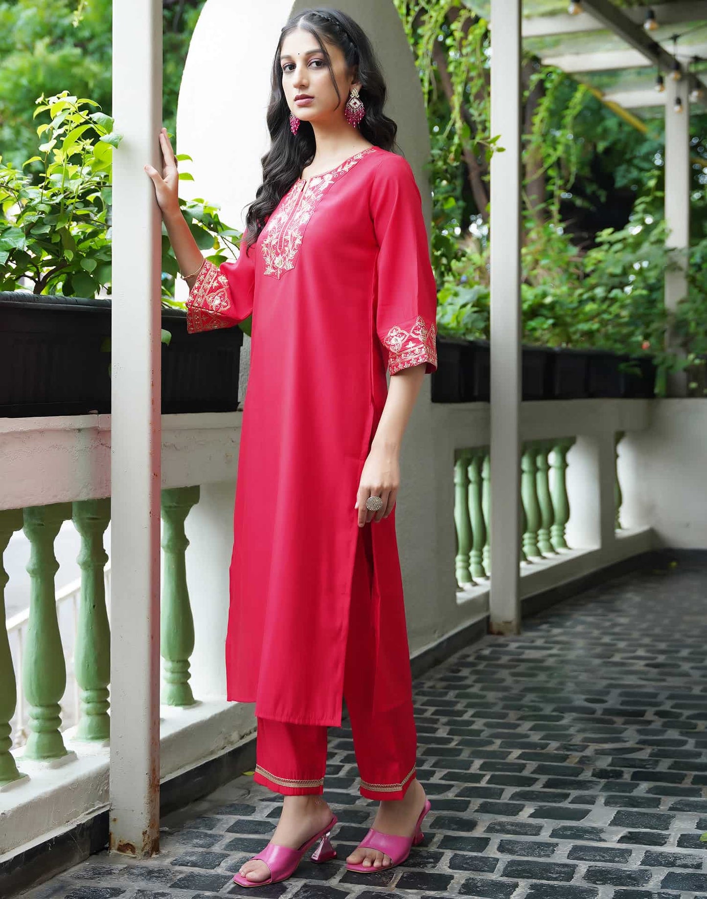 Silk Blend Embroidered Straight Kurta with Pant & Dupatta