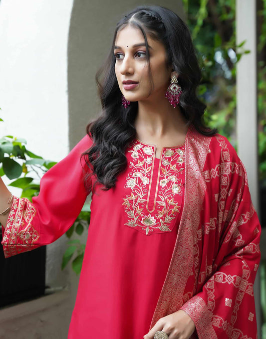 Silk Blend Embroidered Straight Kurta with Pant & Dupatta