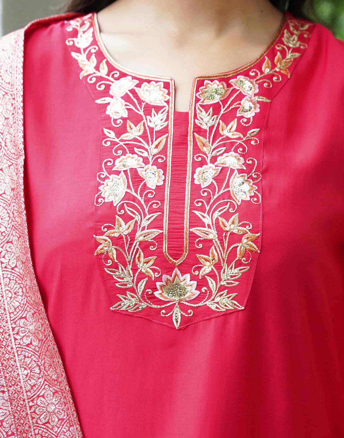 Silk Blend Embroidered Straight Kurta with Pant & Dupatta