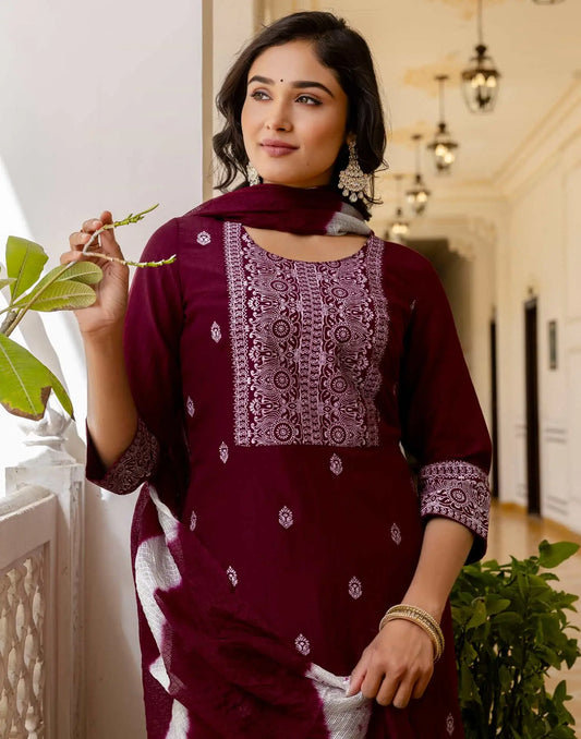 Silk Blend Pigment Printed and Printed Lace Straight Kurta with Pant & Dupatta