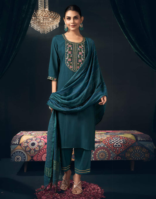 Silk Blend Embroidered Straight Kurta with Pant & Dupatta