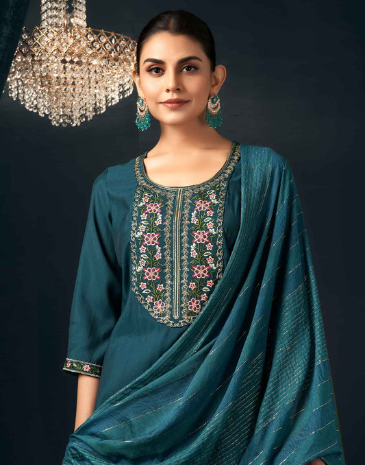Silk Blend Embroidered Straight Kurta with Pant & Dupatta