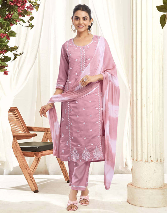Budget friendly pink silk embroidered kurta set with dupatta