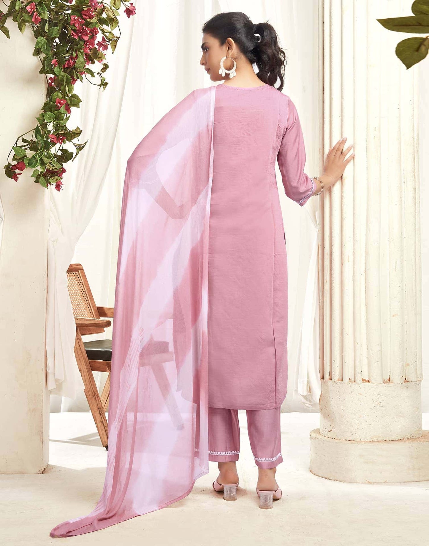 Budget friendly pink silk embroidered kurta set with dupatta