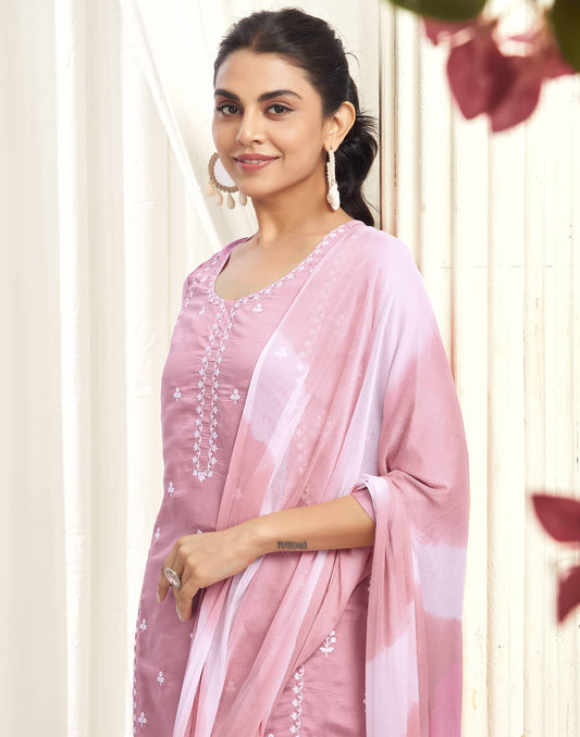 Budget friendly pink silk embroidered kurta set with dupatta