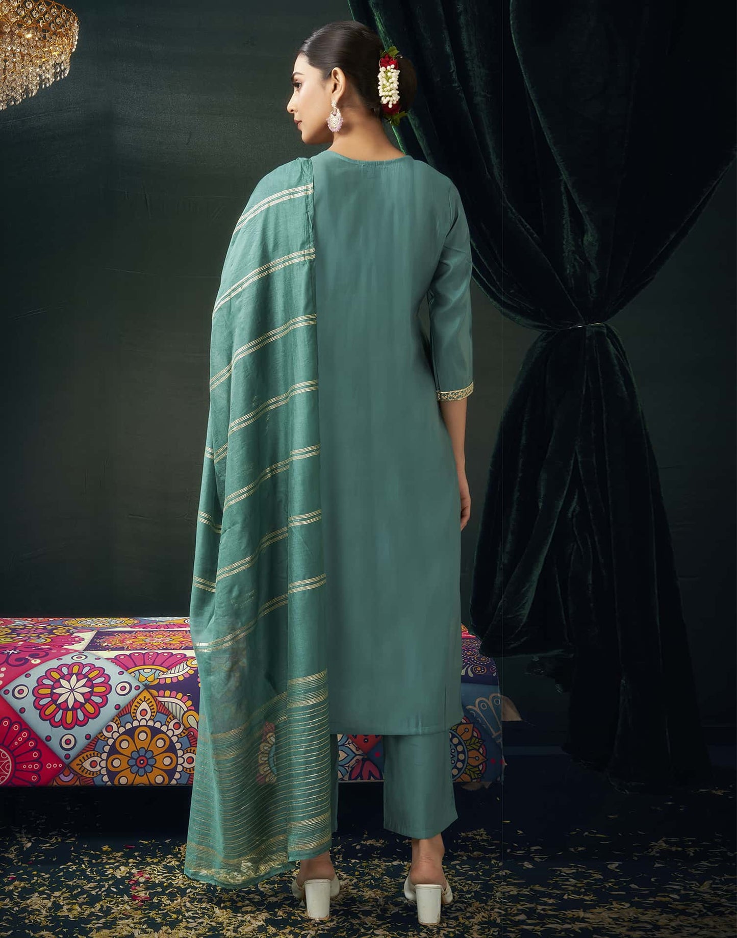 Silk Blend Embroidered Straight Kurta with Pant & Dupatta