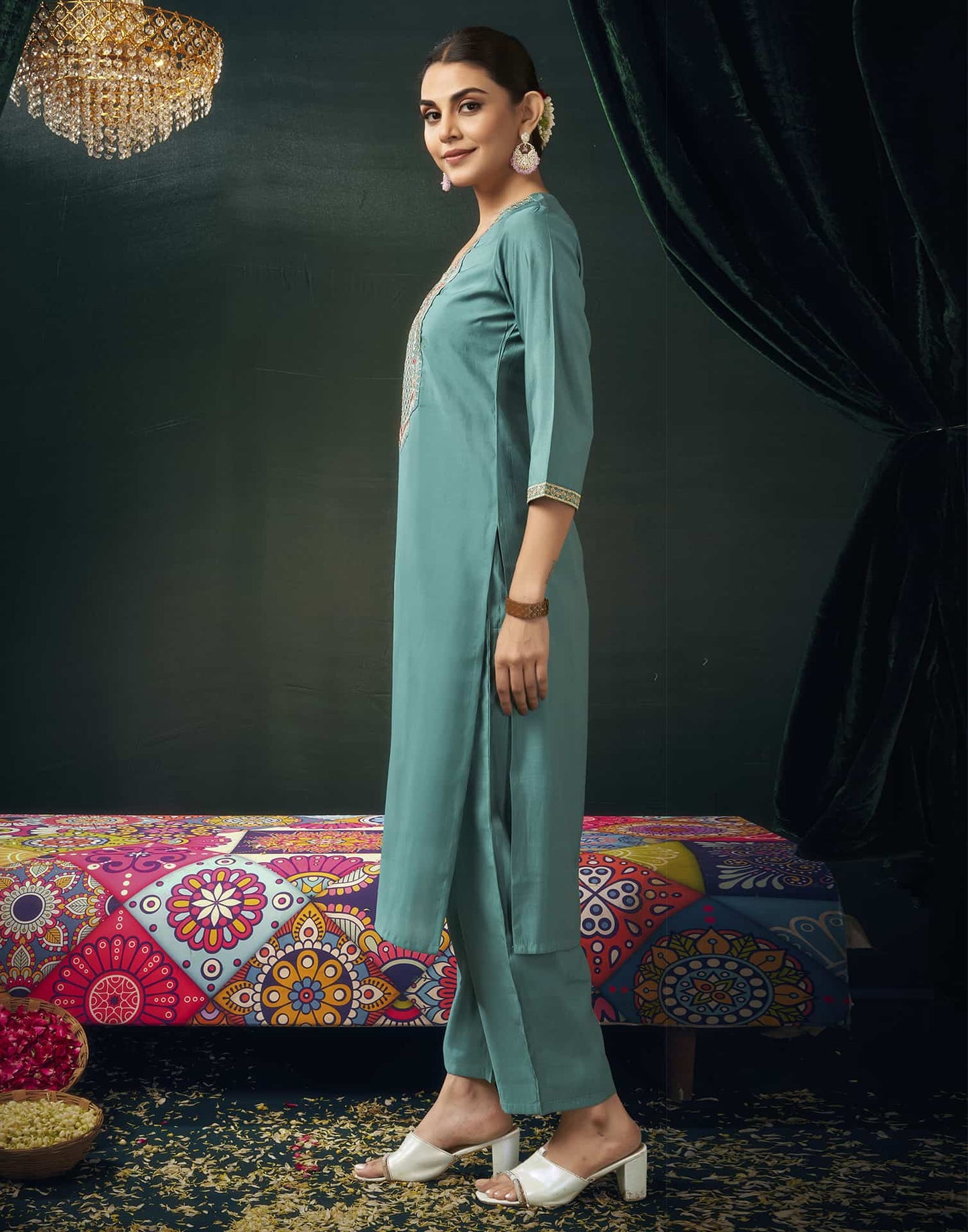Silk Blend Embroidered Straight Kurta with Pant & Dupatta