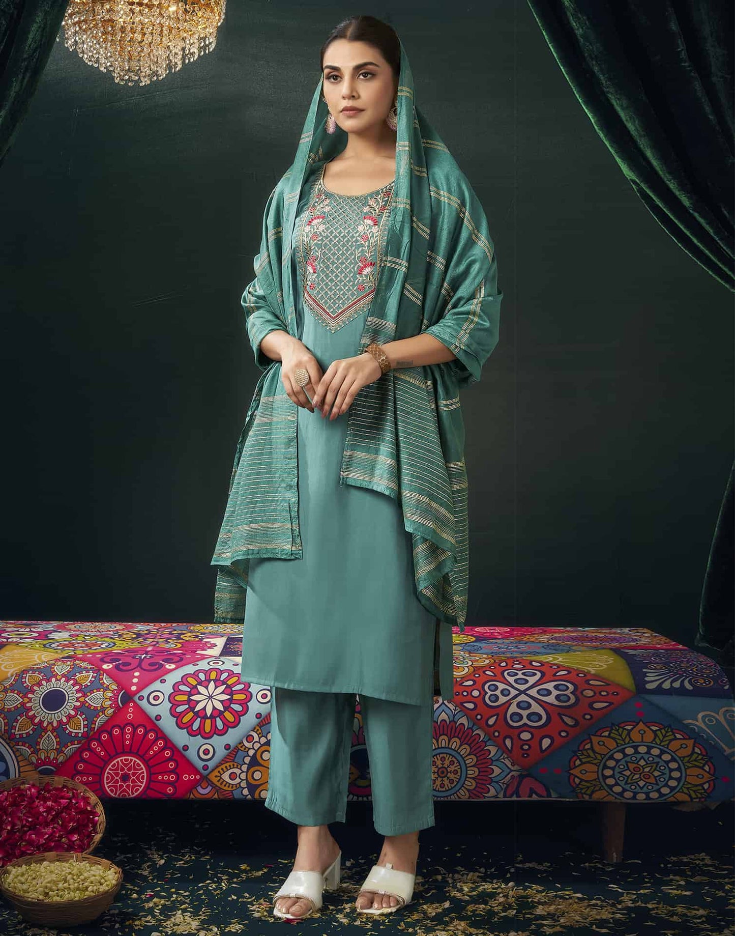 Silk Blend Embroidered Straight Kurta with Pant & Dupatta