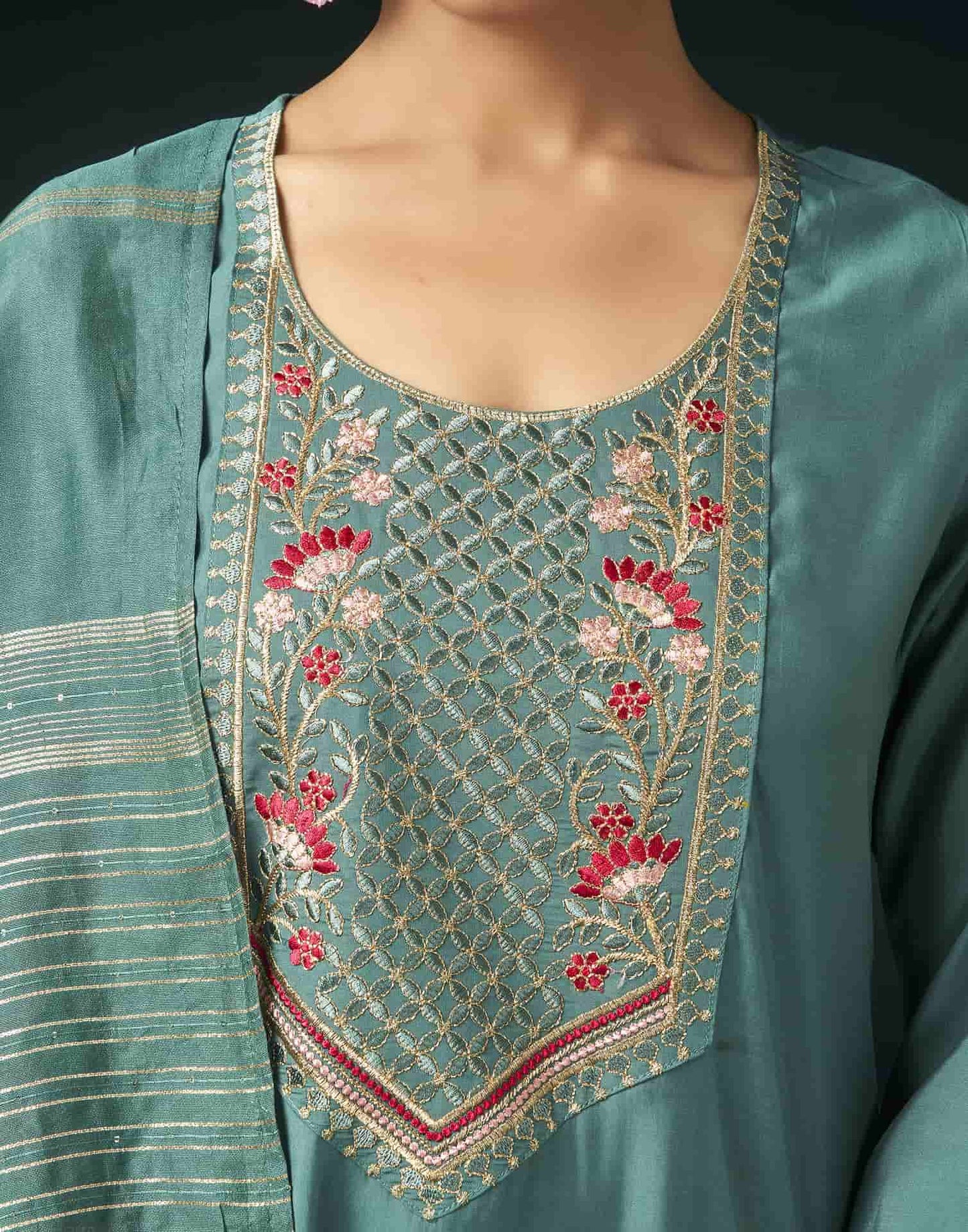 Silk Blend Embroidered Straight Kurta with Pant & Dupatta