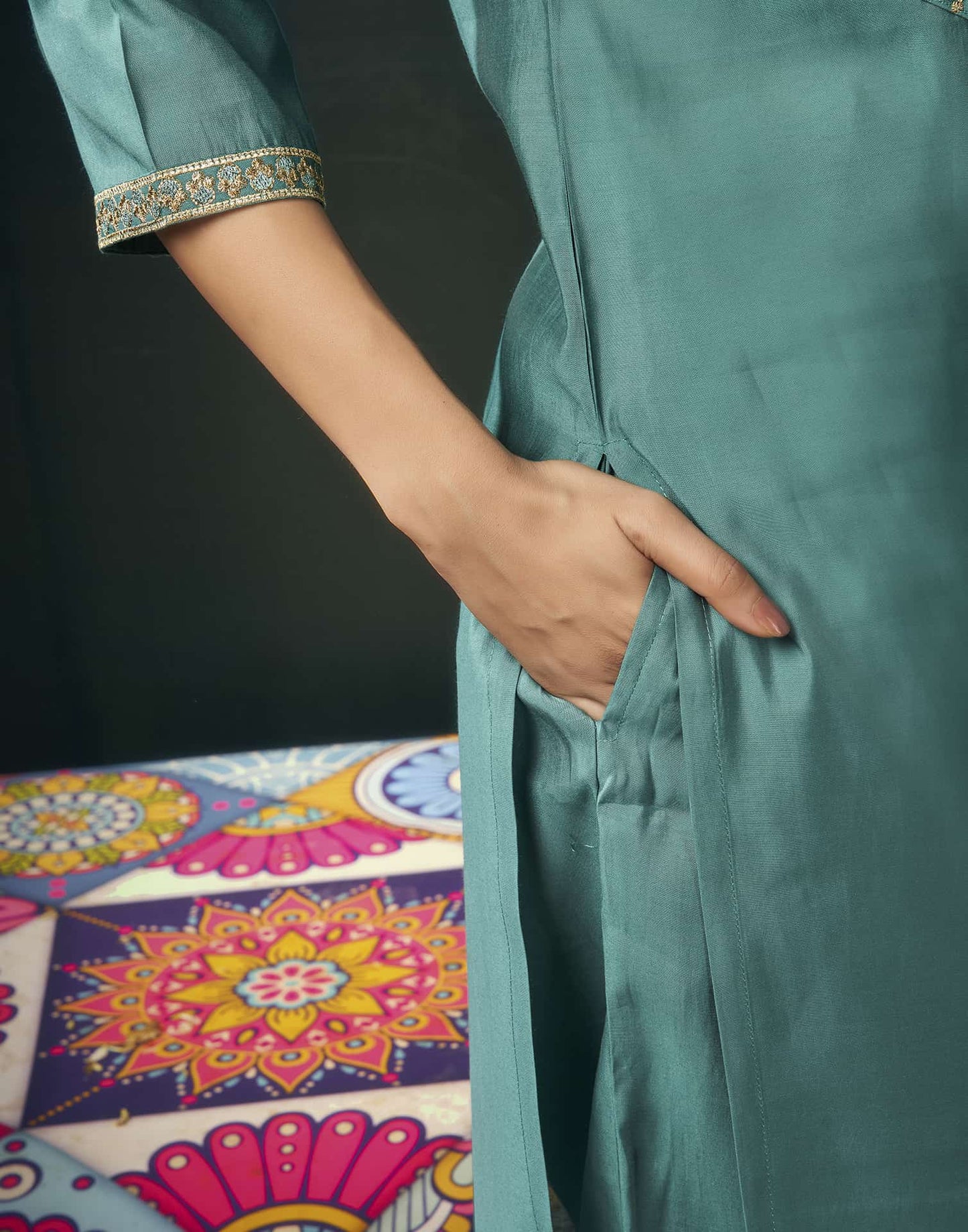 Silk Blend Embroidered Straight Kurta with Pant & Dupatta