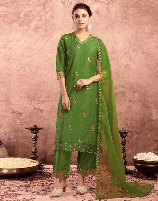 Silk Blend Embroidery and Lace Straight Kurta with Pant & Dupatta