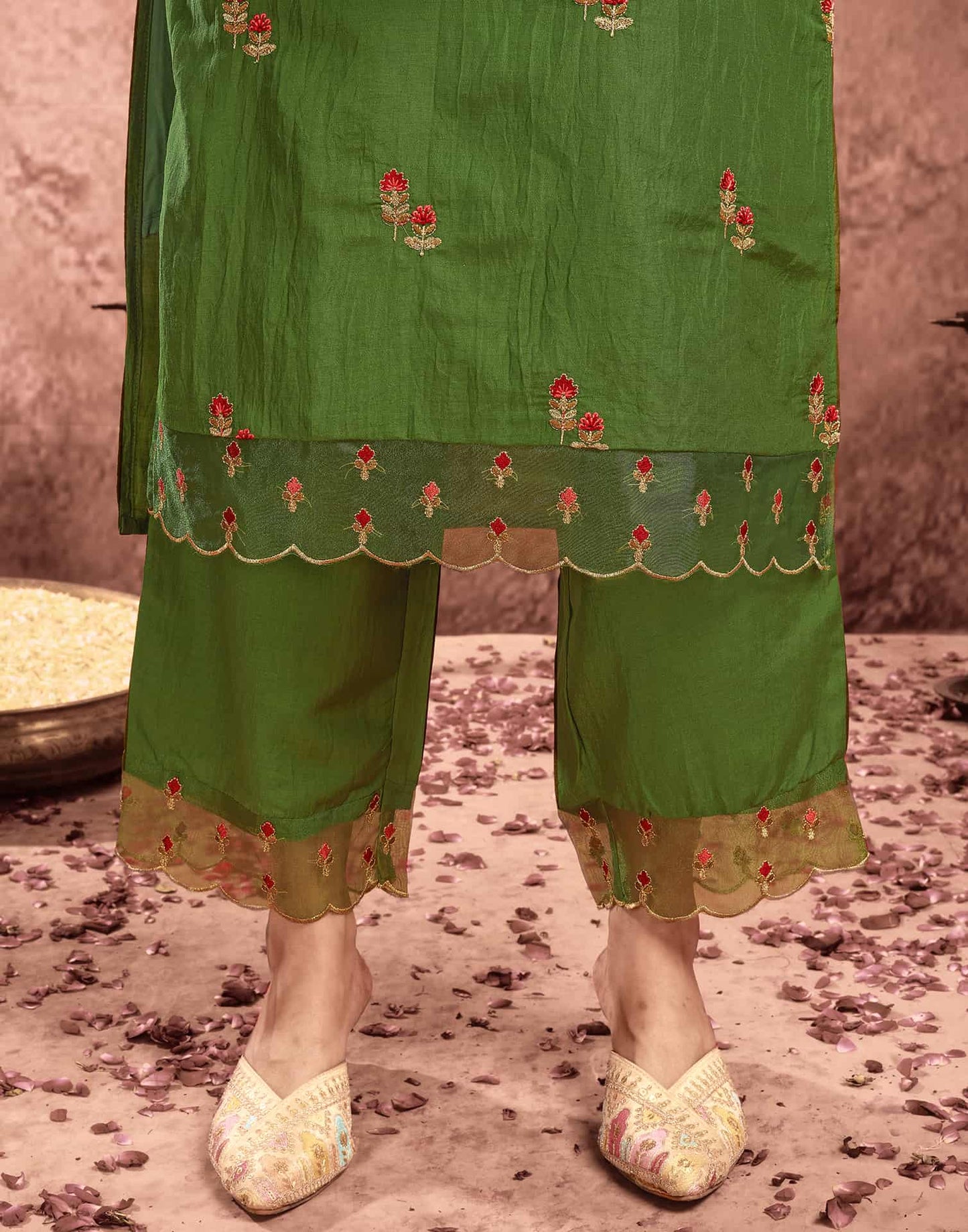Silk Blend Embroidery and Lace Straight Kurta with Pant & Dupatta