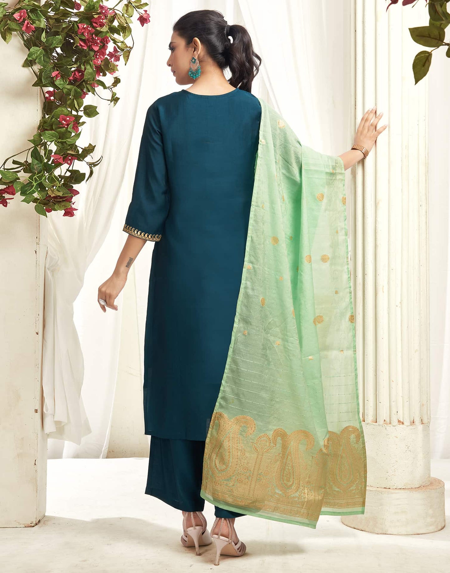 Silk Blend Embroidered Straight Kurta with Pant & Dupatta