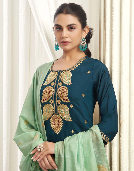 Silk Blend Embroidered Straight Kurta with Pant & Dupatta