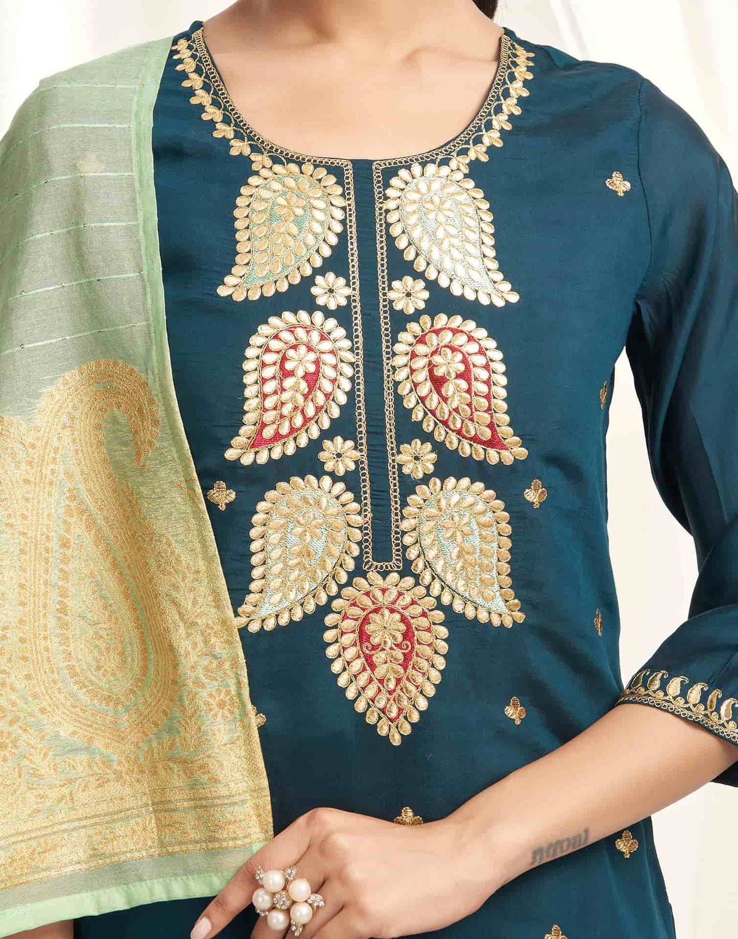 Silk Blend Embroidered Straight Kurta with Pant & Dupatta
