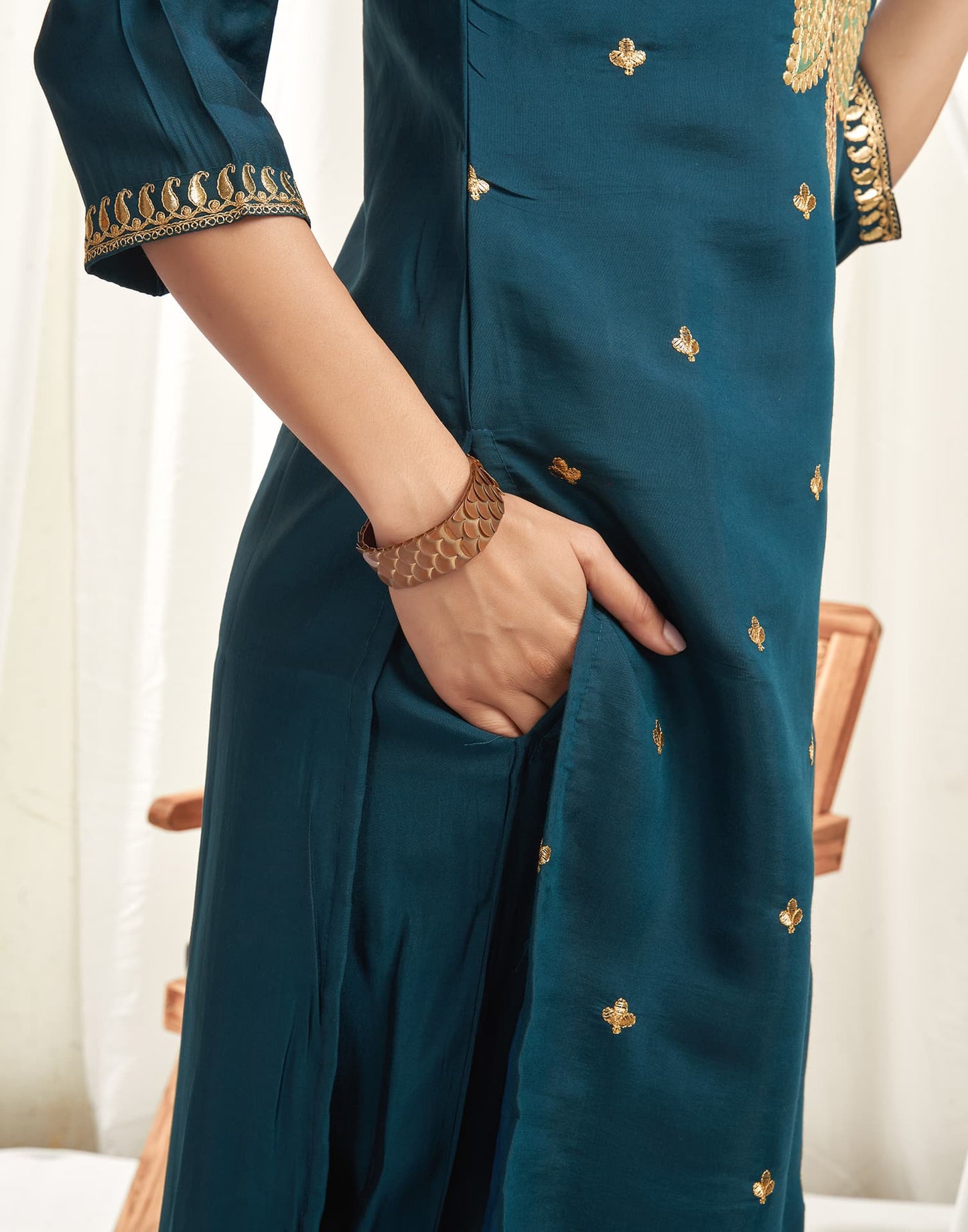 Silk Blend Embroidered Straight Kurta with Pant & Dupatta
